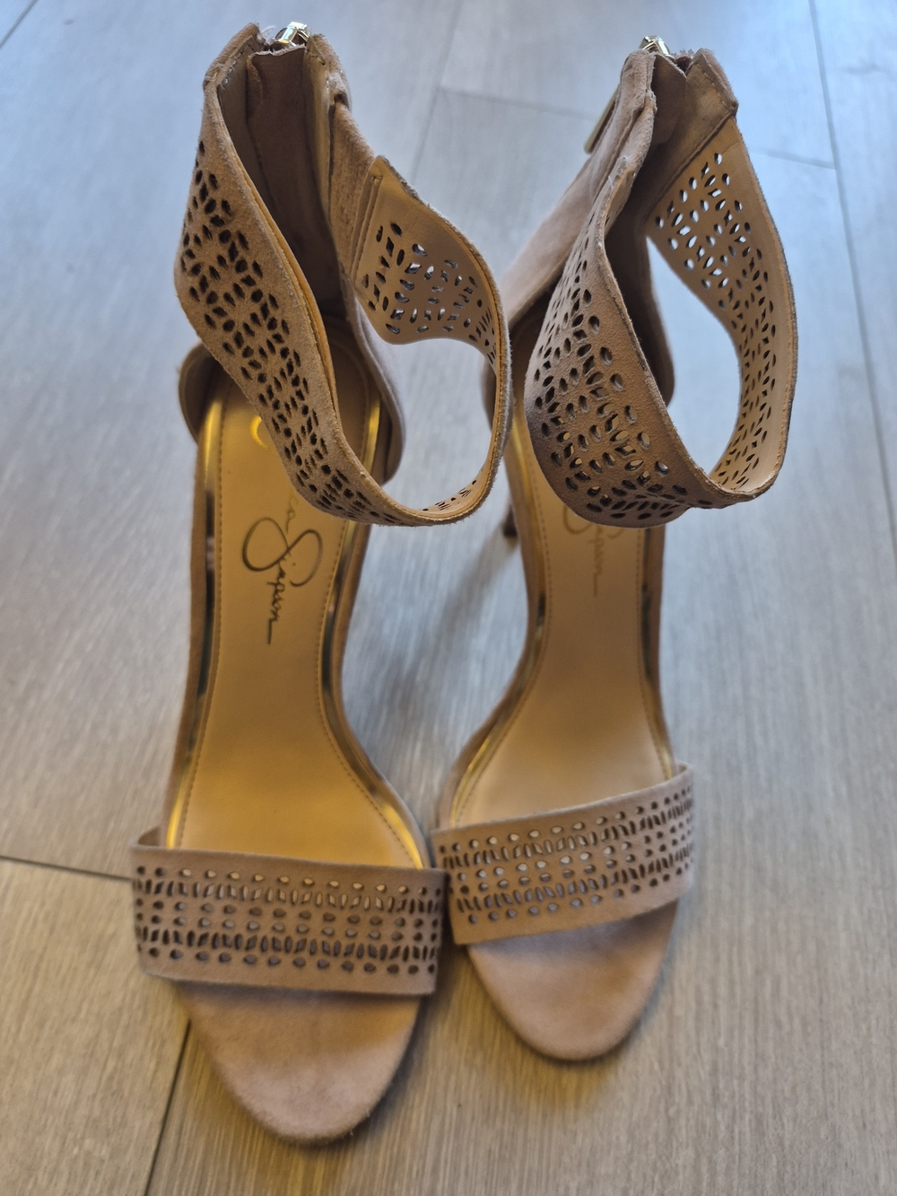 Jessica Simpson Tan Suede Laser-Cut Ankle-Strap Heels